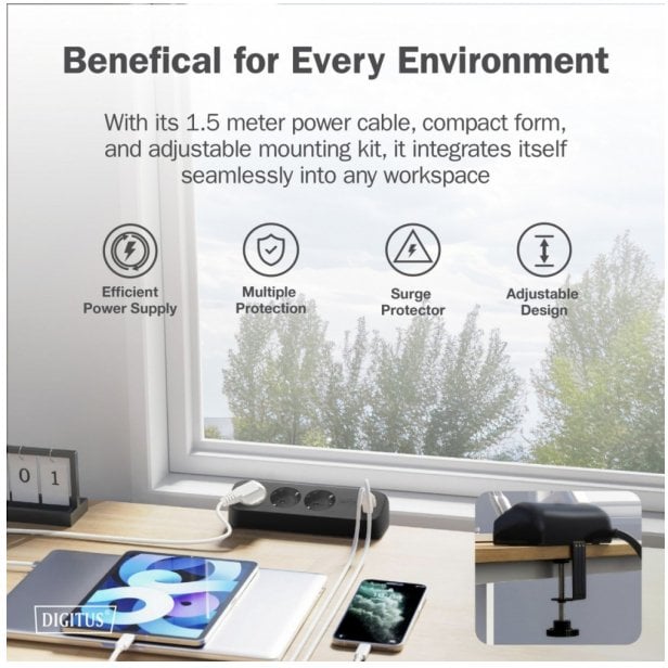 Listwa zasilająca Digitus Listwa zasilająca biurkowa, 3 gniazda Schuko, 2x USB-A (2x 12W), 1x USB-C (30W) z zaciskiem na blat, kabel 1,5m, czarna