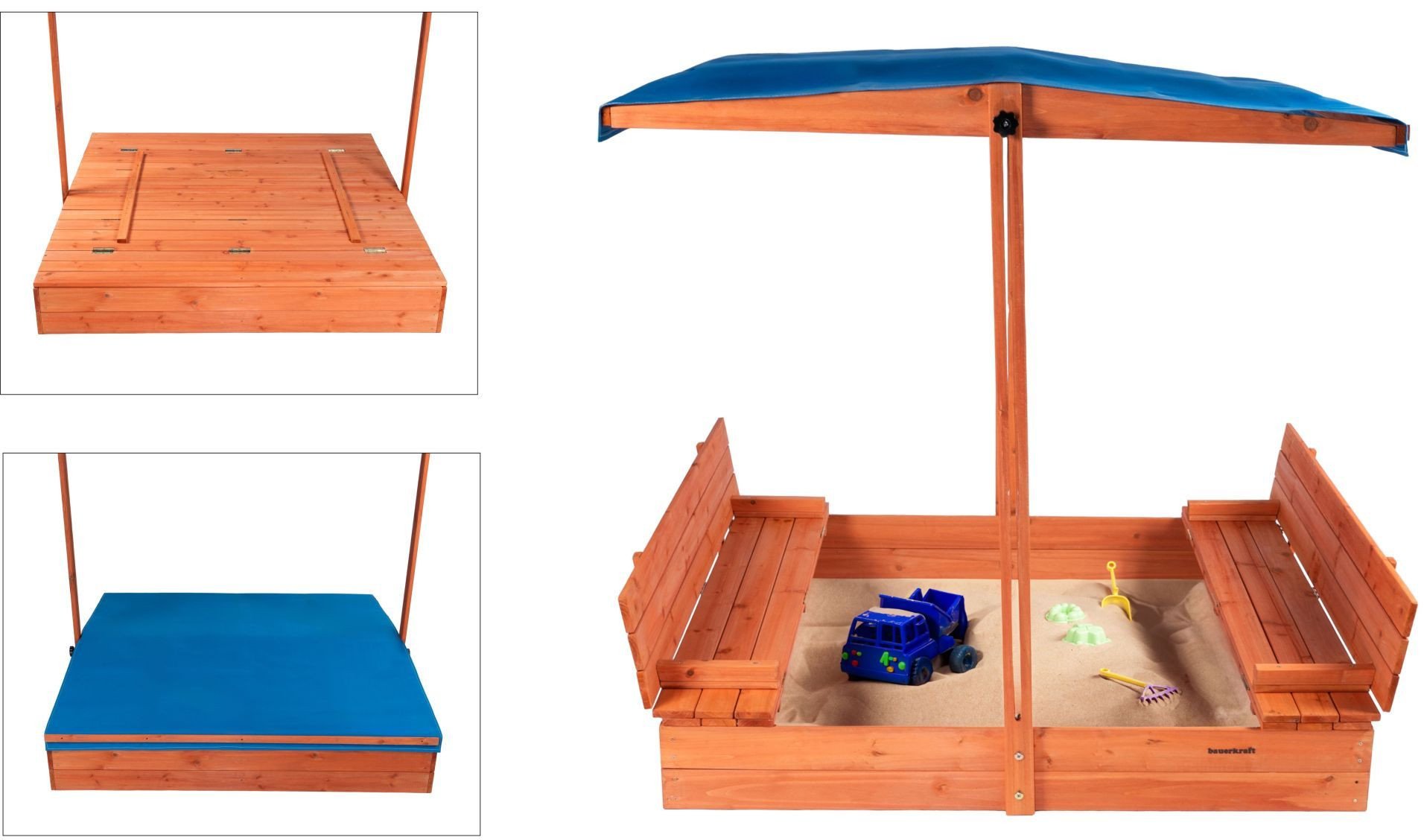 Bauerkraft Drewniana piaskownica ogrodowa z daszkiem zamykana z ławkami 120x120 niebieska