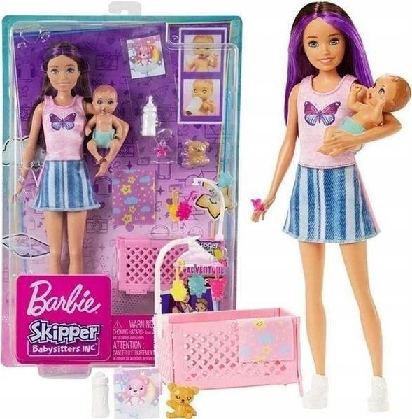Lalka Barbie Mattel Skipper Opiekunka Łóżeczko + Bobas HJY33