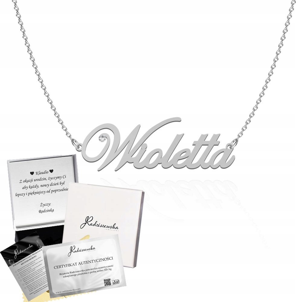 Radziszewska Jewellery Naszyjnik Srebrny z imieniem WIOLETTA Łańcuszek 925 Prezent DEDYKACJA