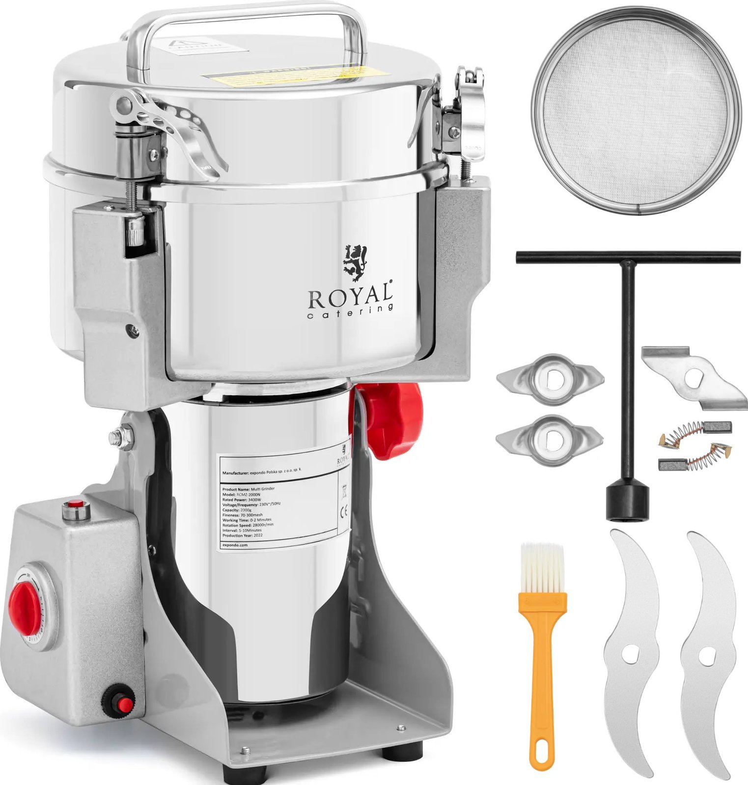 Royal Catering Młynek profesjonalny elektryczny do przypraw ziół kawy orzechów 2000 g 3400 W Młynek profesjonalny elektryczny do przypraw ziół kawy or