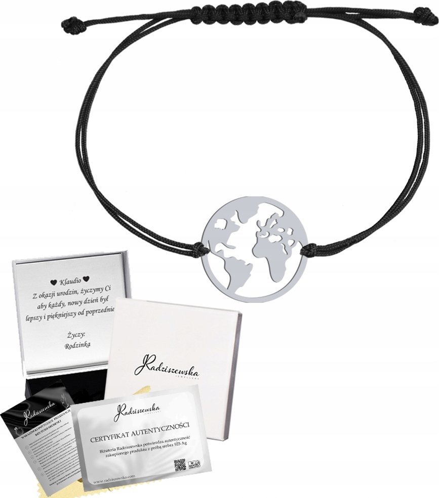 Radziszewska Jewellery Bransoletka Srebrna KULA ZIEMSKA Sznurek Prezent 925 DEDYKACJA GRATIS