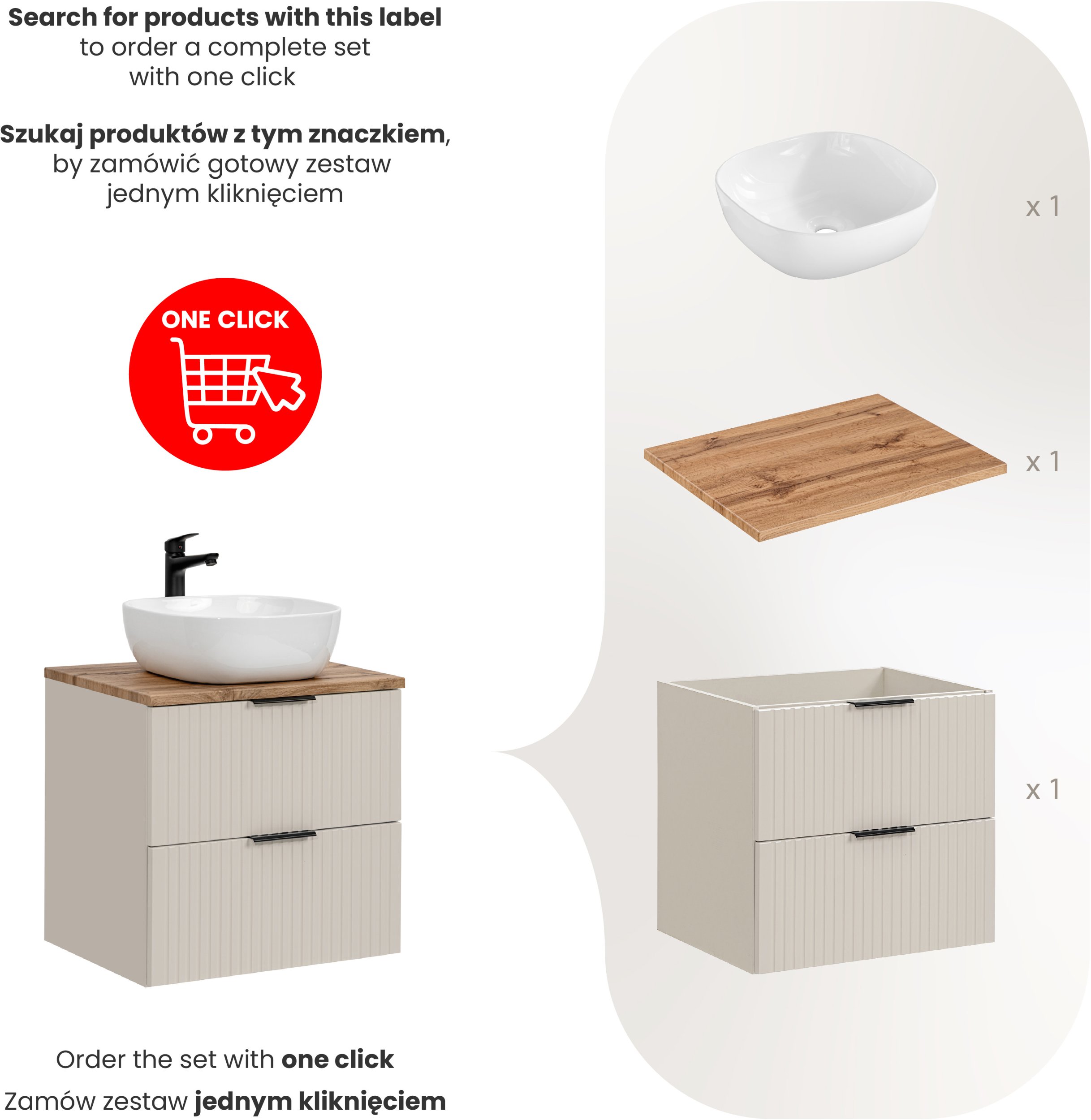 Zestaw meblowy 60cm z blatem i umywalką nablatową Smile