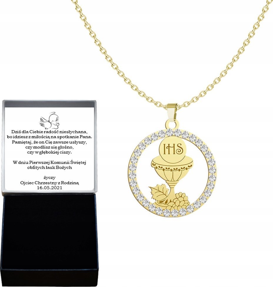 Radziszewska Jewellery Złoty Naszyjnik Hostia z Kielichem 925 I Komunia Święta GRAWER GRATIS