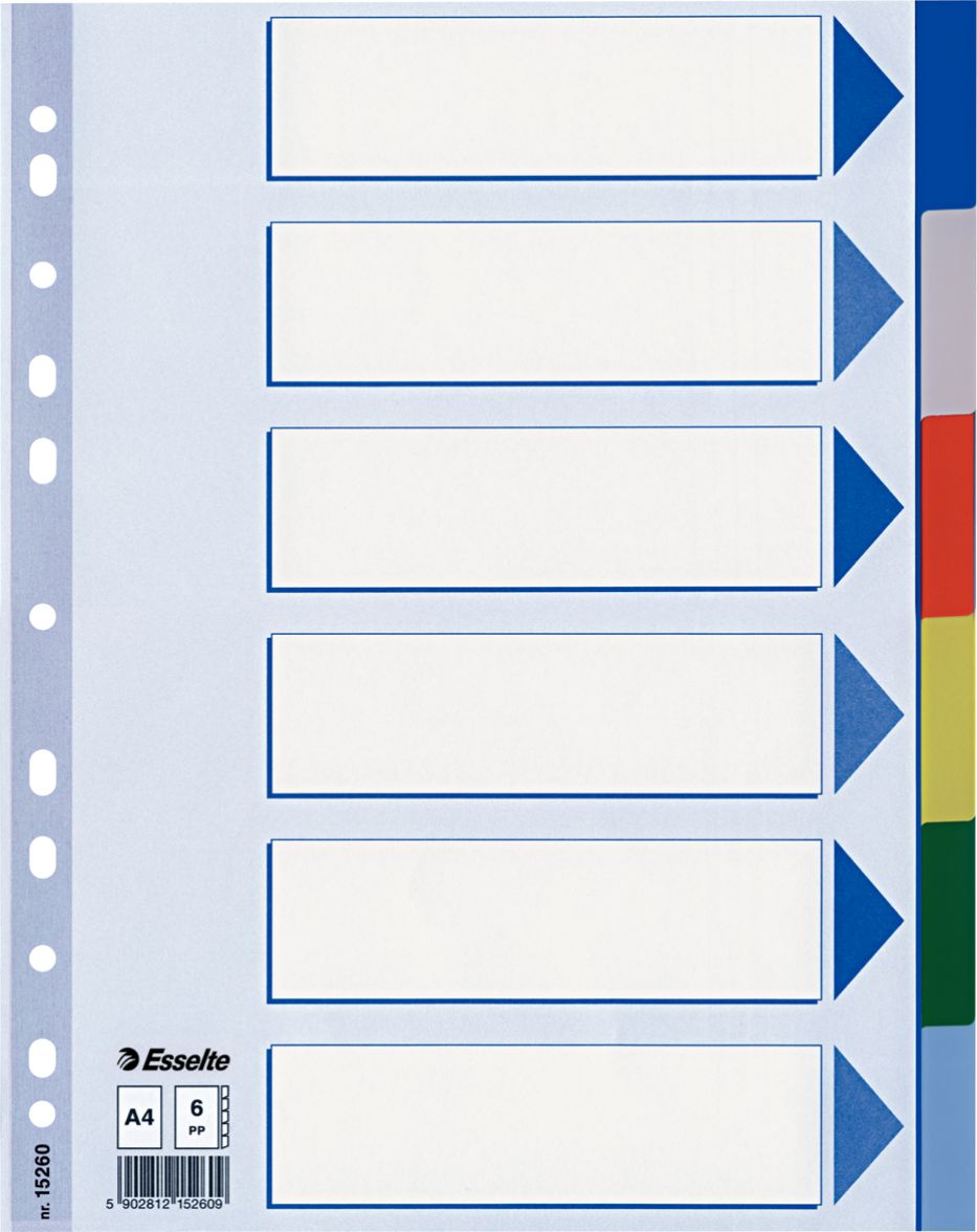 Esselte PRZEKŁADKI PLASTIKOWE 6 KARTEK PP A4 KOLOROWE