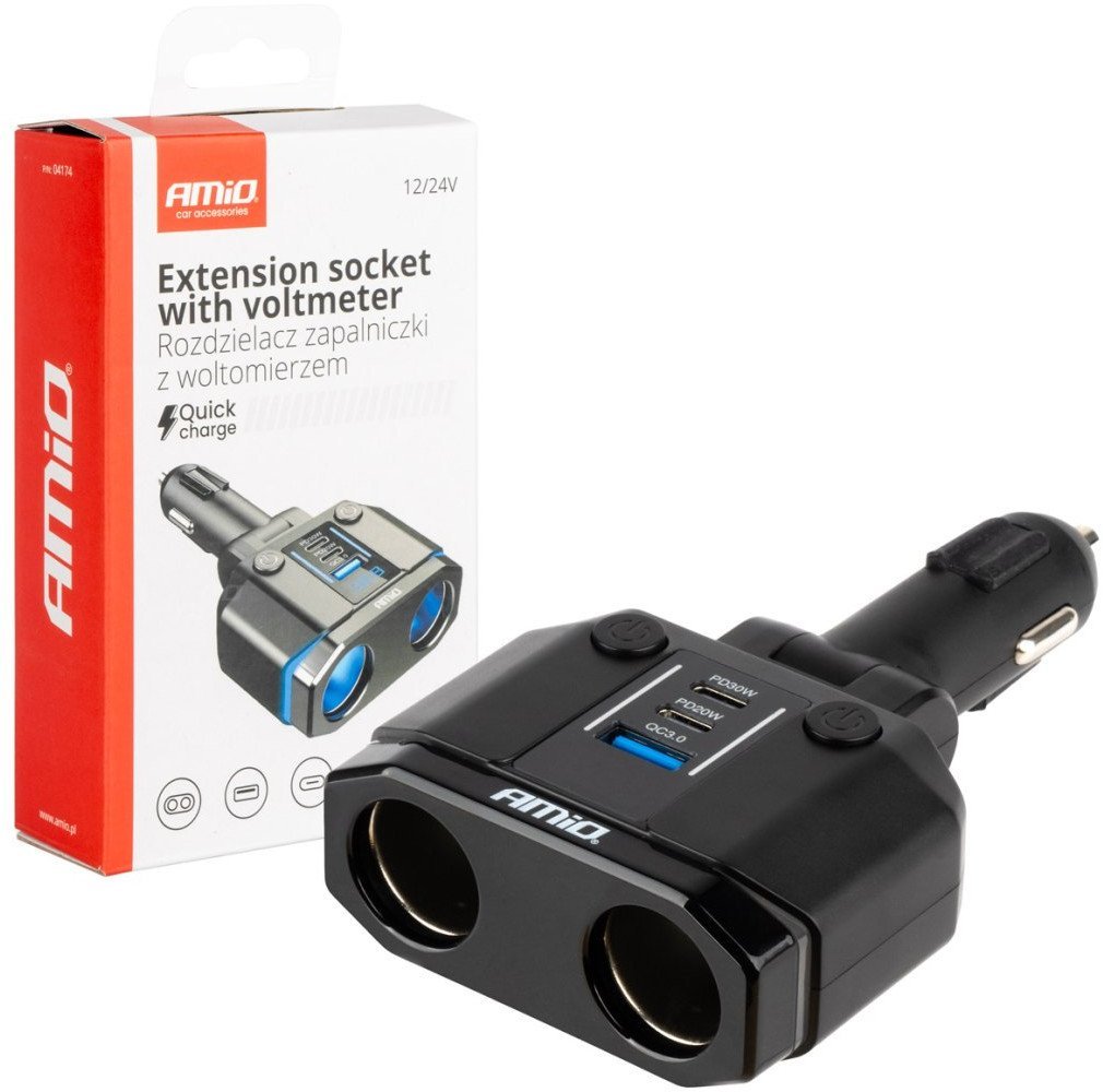 Rozdzielacz rozgałęźnik gniazda zapalniczki pd30w pd20w qc3.0 12v 24v + woltomierz amio-04174