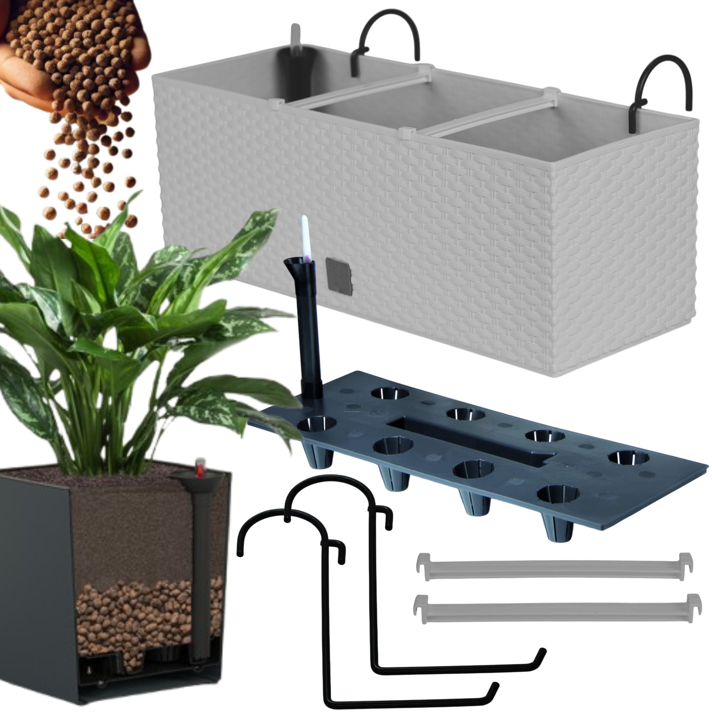 Doniczka balkonowa 51cm + uchwyty / haki, nawadniacz Skrzynka na balkon + keramzyt 2l