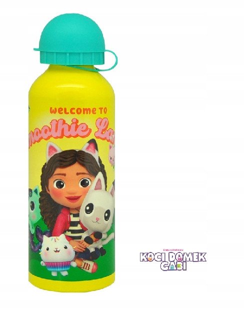 Butelka aluminiowa / bidon / korek niekapek / Koci domek Gabi / żółta