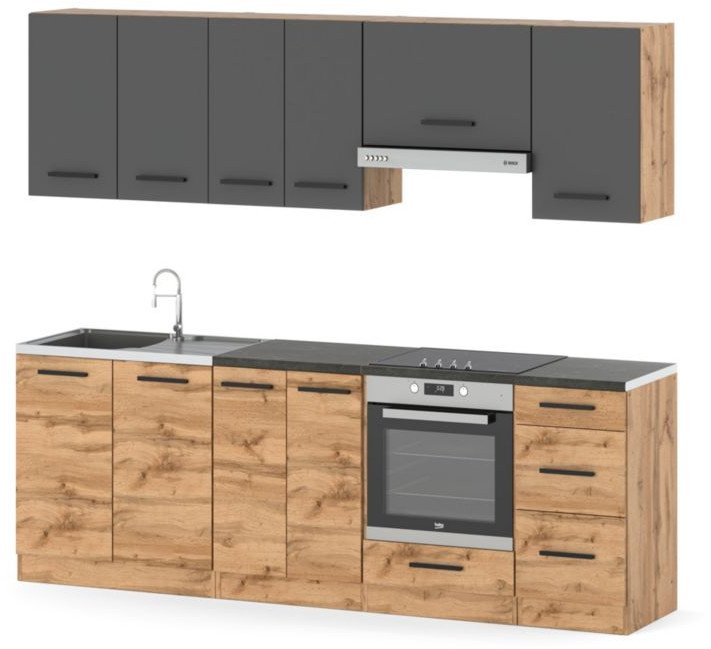 Zestaw Mebli Kuchennych Z Blatem Modułowy 2.4m Mokka Plus Wotan Szara Wotan