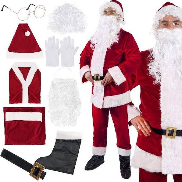 Springos Strój św. Mikołaja 9 elementów, kostium welurowy przebranie czerwony UNIWERSALNY
