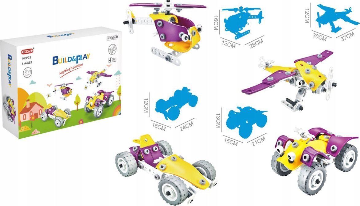 Klocki Elastyczne, Konstrukcyjne 100 El. Auto, Wyścigówka, Quad, Helikopter, Samolot Do Rozkręcania I Skręcania 4w1