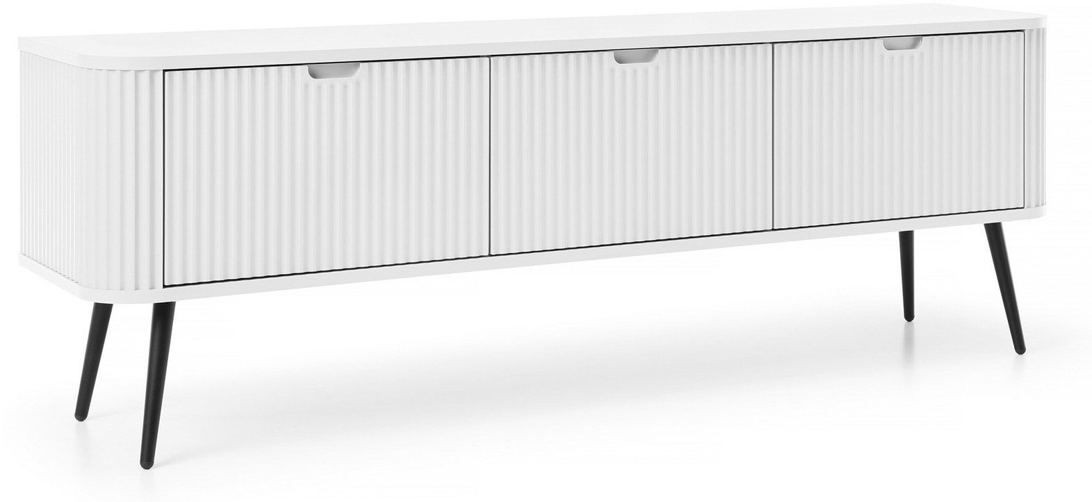 Szafka RTV Porto 168cm w kolorze białym trzydrzwiowa z ryflowanymi frontami i czarnymi nogami