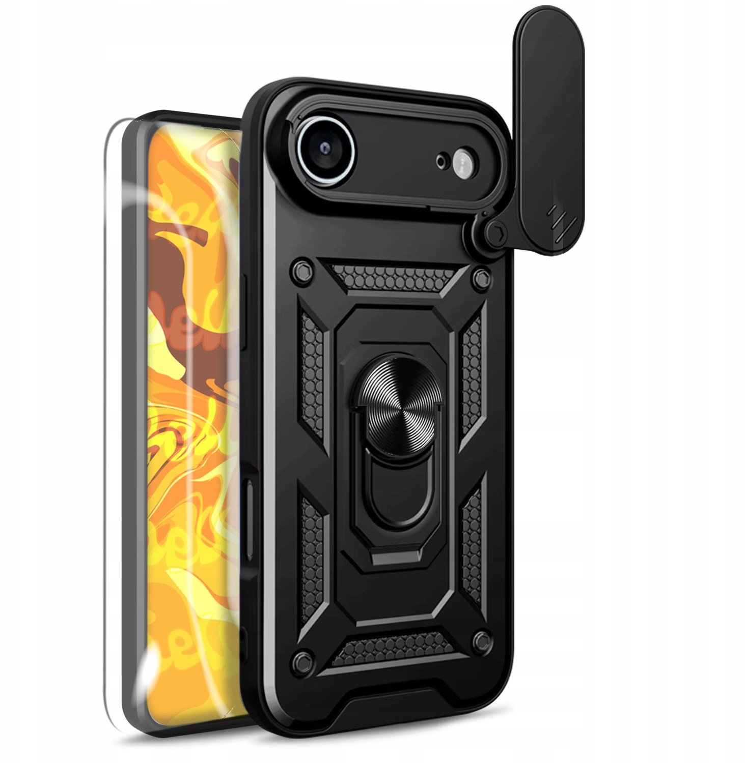 Hello Case ETUI PANCERNE DO APPLE IPHONE 17 AIR CZARNE ARMOR HOLDER RING CASE SZKŁO
