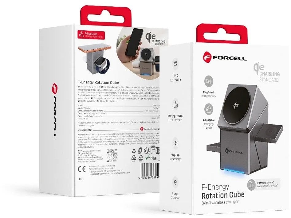 Ładowarka indukcyjna Forcell F-Energy 3w1 Rotation Cube Qi2 zgodna z MagSafe (F-06) srebrna