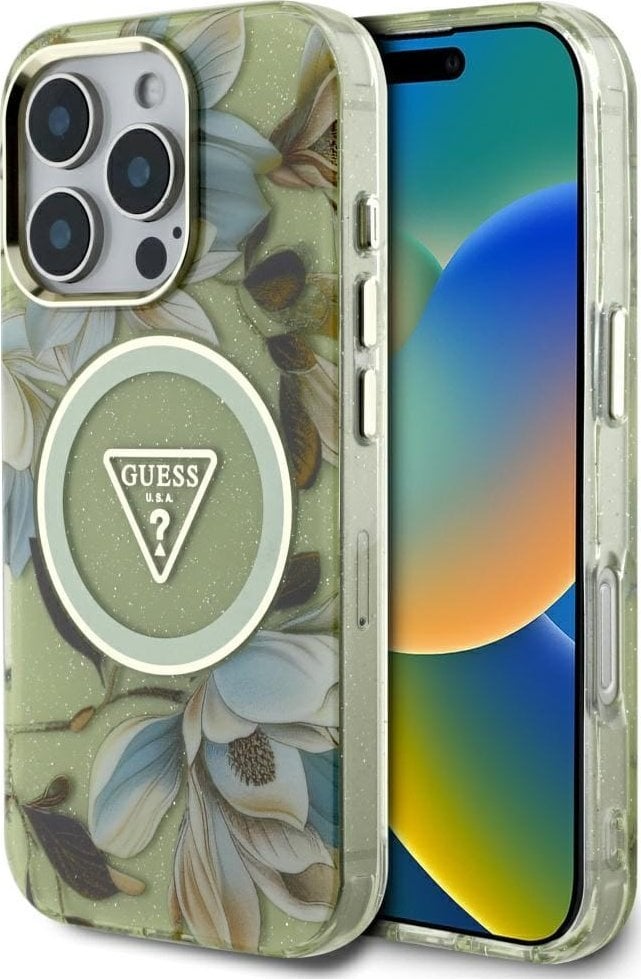 Etui Guess Glitter Flowers Triangle Buttons MagSafe do iPhone 16 Pro zielony