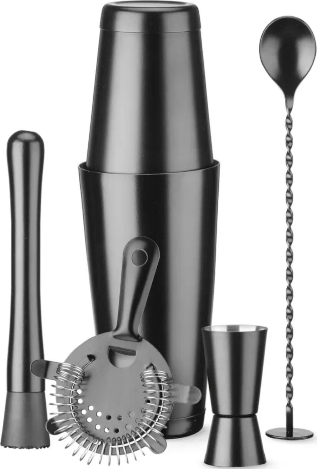 Bar Up Zestaw barmański w tubie shaker jigger sitko muddler łyżka - czarny Zestaw barmański w tubie shaker jigger sitko muddler łyżka - czarny