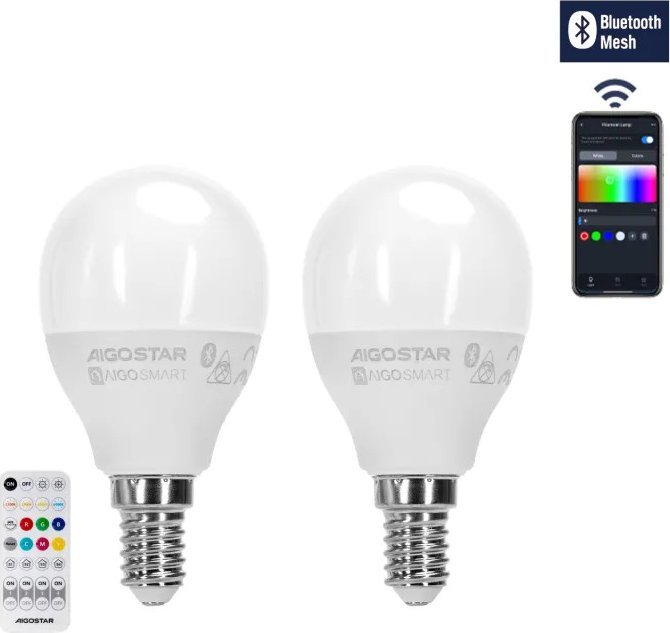 Aigostar Żarówka diodowa Bluetooth MESH G45 E14 6,5W RGB+CCT 2 szt. Żarówka diodowa Bluetooth MESH G45 E14 6,5W RGB+CCT 2 szt.