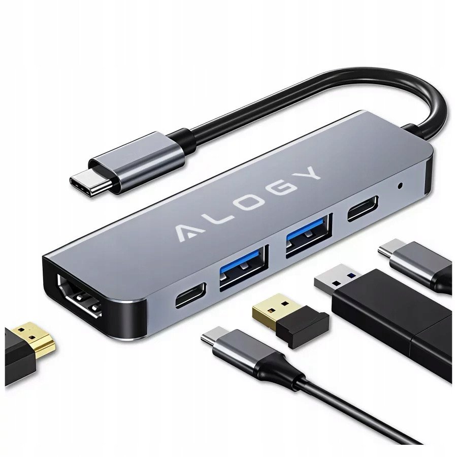 Hub 5w1 USB-C do USB-C PD100W, USB-C, USB.A 2.0, USB.A 3.0, HDMI 4K 30Hz / 1080p 60Hz - Alogy MultiHub Do Notebooka Laptopa