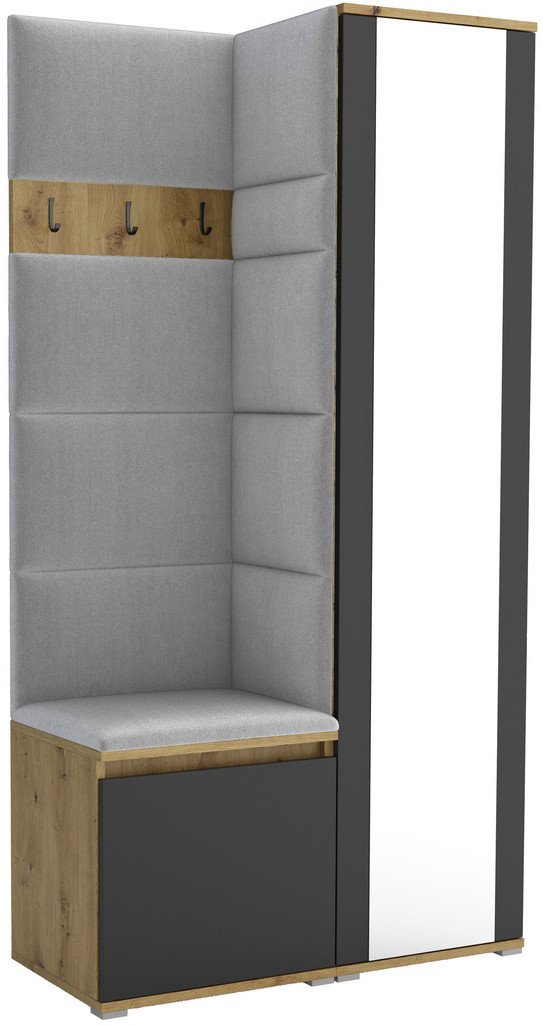 Tapicerowana garderoba Noris VI z lustrem - artisan z czarnym frontem + tkanina Trinity 32