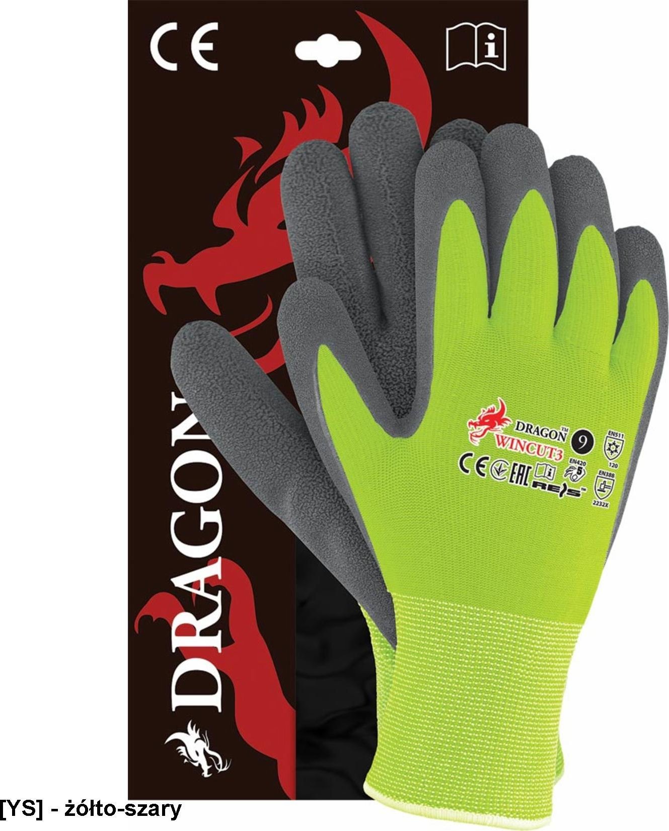 R.E.I.S. WINCUT3 - rękawice ochronne ocieplane, powlekane, oblane spienionym lateksem - żółto-szary 10