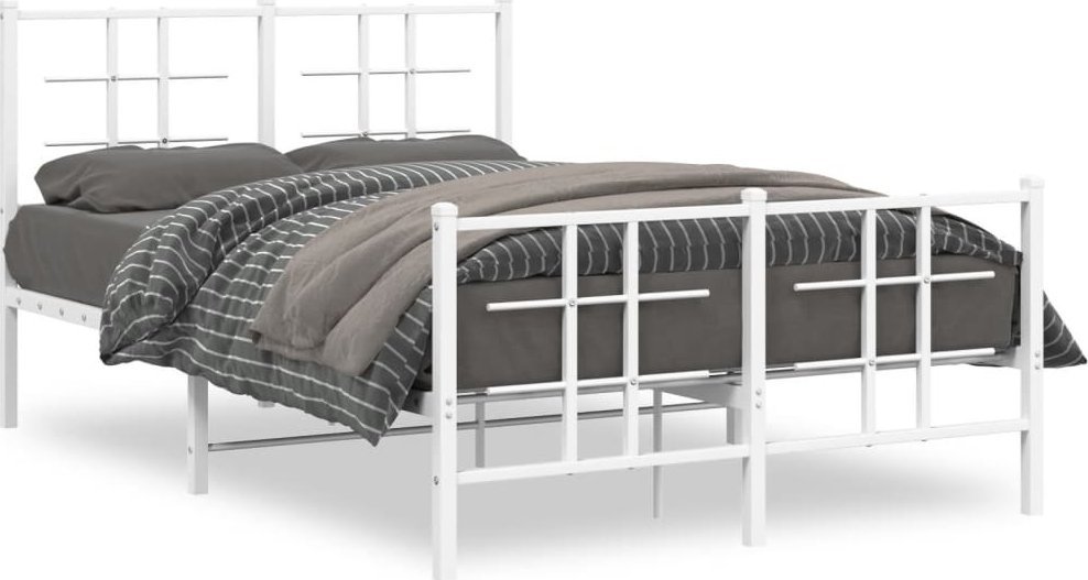 vidaXL Metalowa rama łóżka z wezgłowiem i zanóżkiem, biała, 120x190 cm