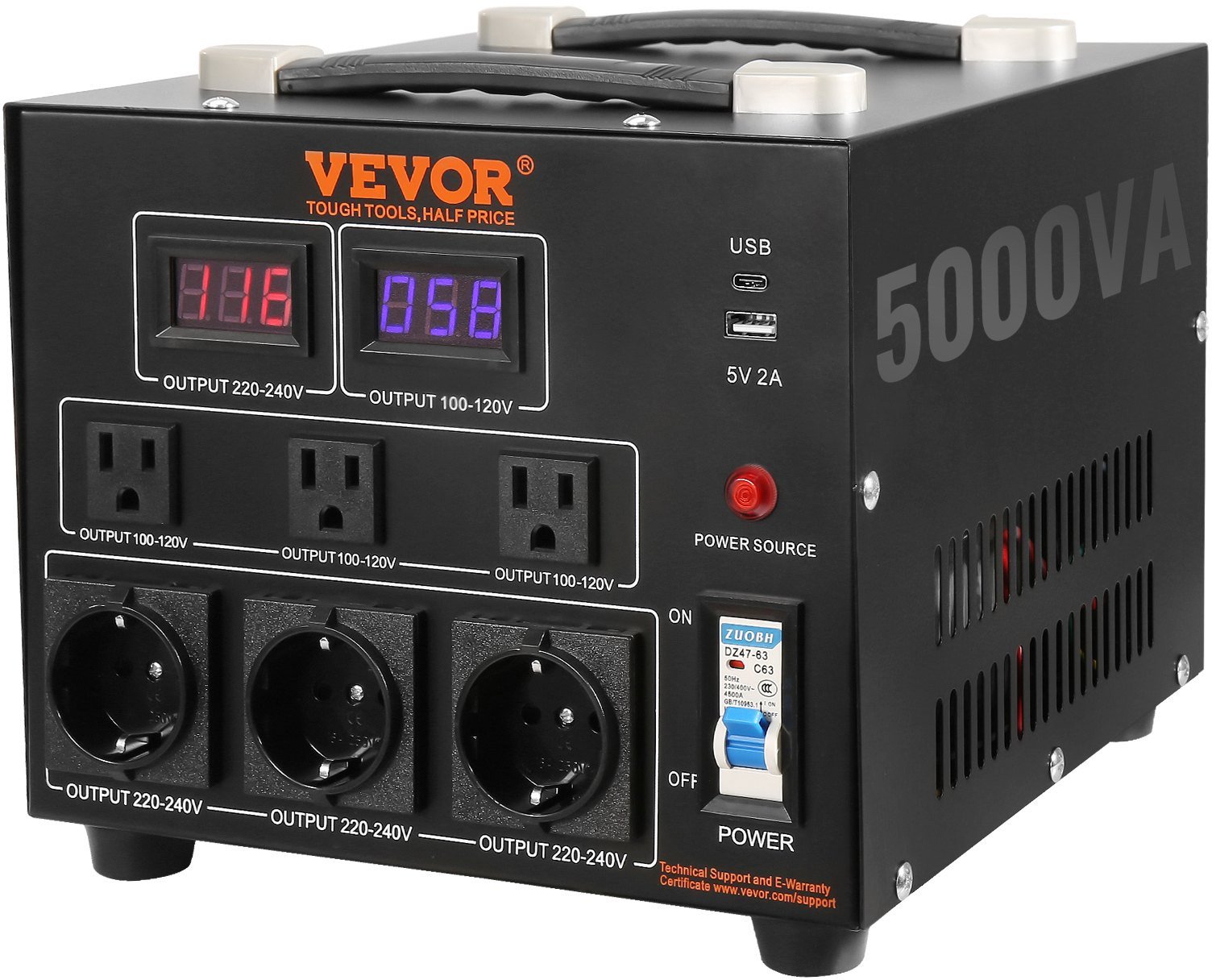 Przetwornica napięcia 5000VA 110V/220V gniazda US/EU USB port CE