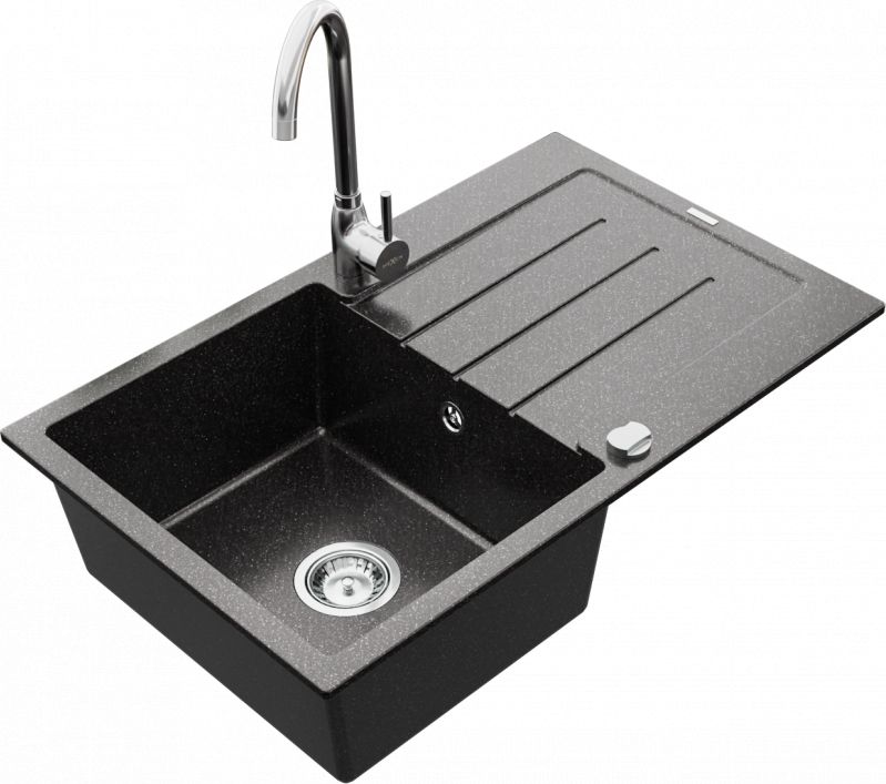 Zlewozmywak Mexen Bruno granitowy 1-komorowy z ociekaczem i baterią kuchenną Telma, czarny nakrapiany - 6513-76-670200-00