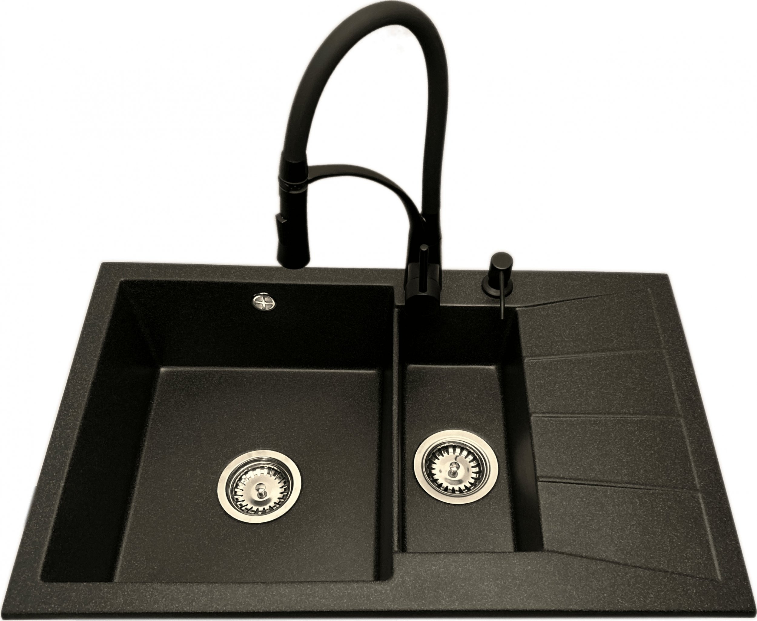 Zlewozmywak PREHNIT Zlewozmywak 1,5 komorowy z ociekaczem MILOS grafit z prawym ociekaczem + bateria NEXO + dozownik