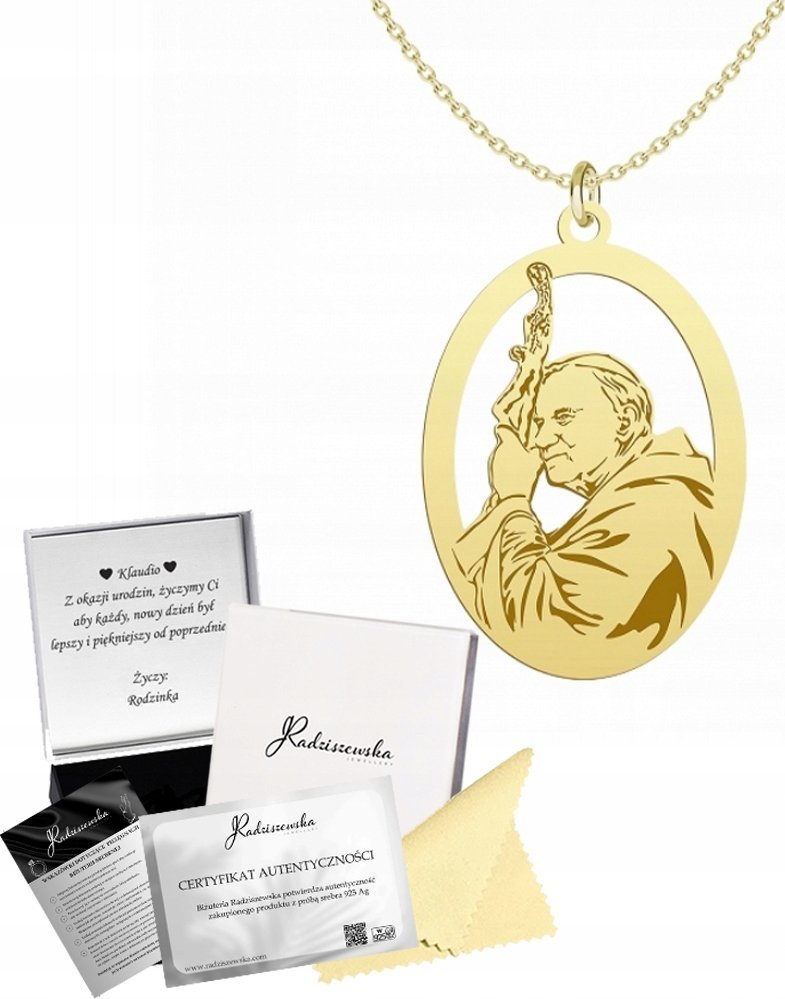 Radziszewska Jewellery Złoty Naszyjnik Jan Paweł II Łańcuszek 925 Prezent Biżuteria GRAWER GRATIS