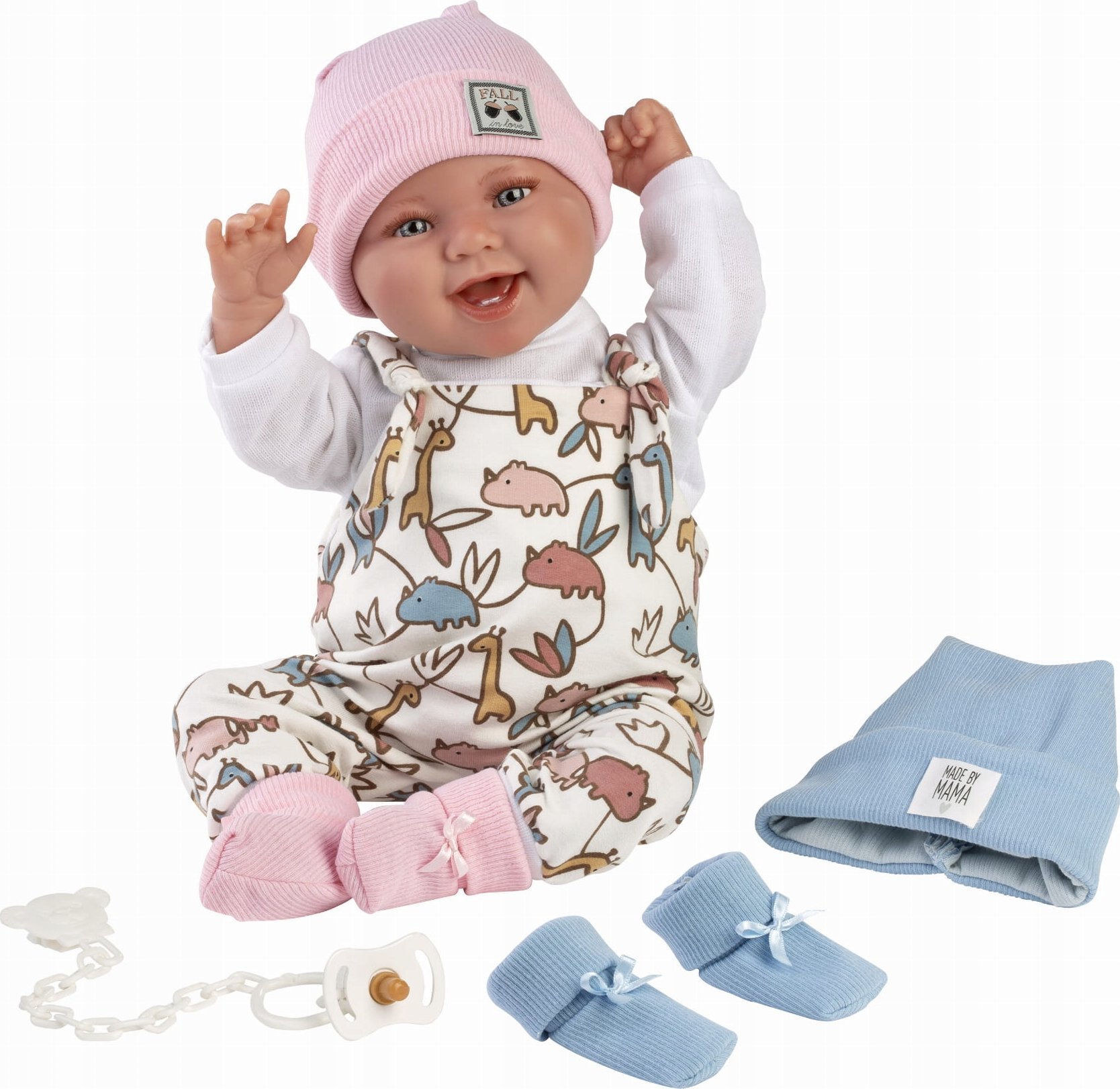 Llorens Llorens 84481 Lalka bobas śmiejąca się 44 cm Tala/Talo czapki + skarpetki w dwóch kolorach