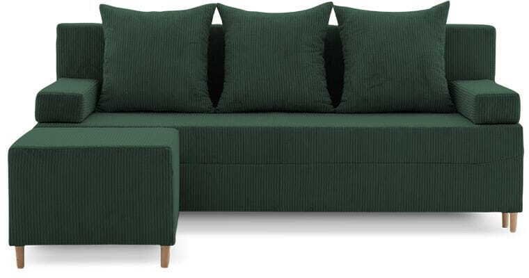 Kanapa z pufą, trzyosobowa, 3w1, sztruks, PANORA, 191x92x92 cm, butelkowa zieleń
