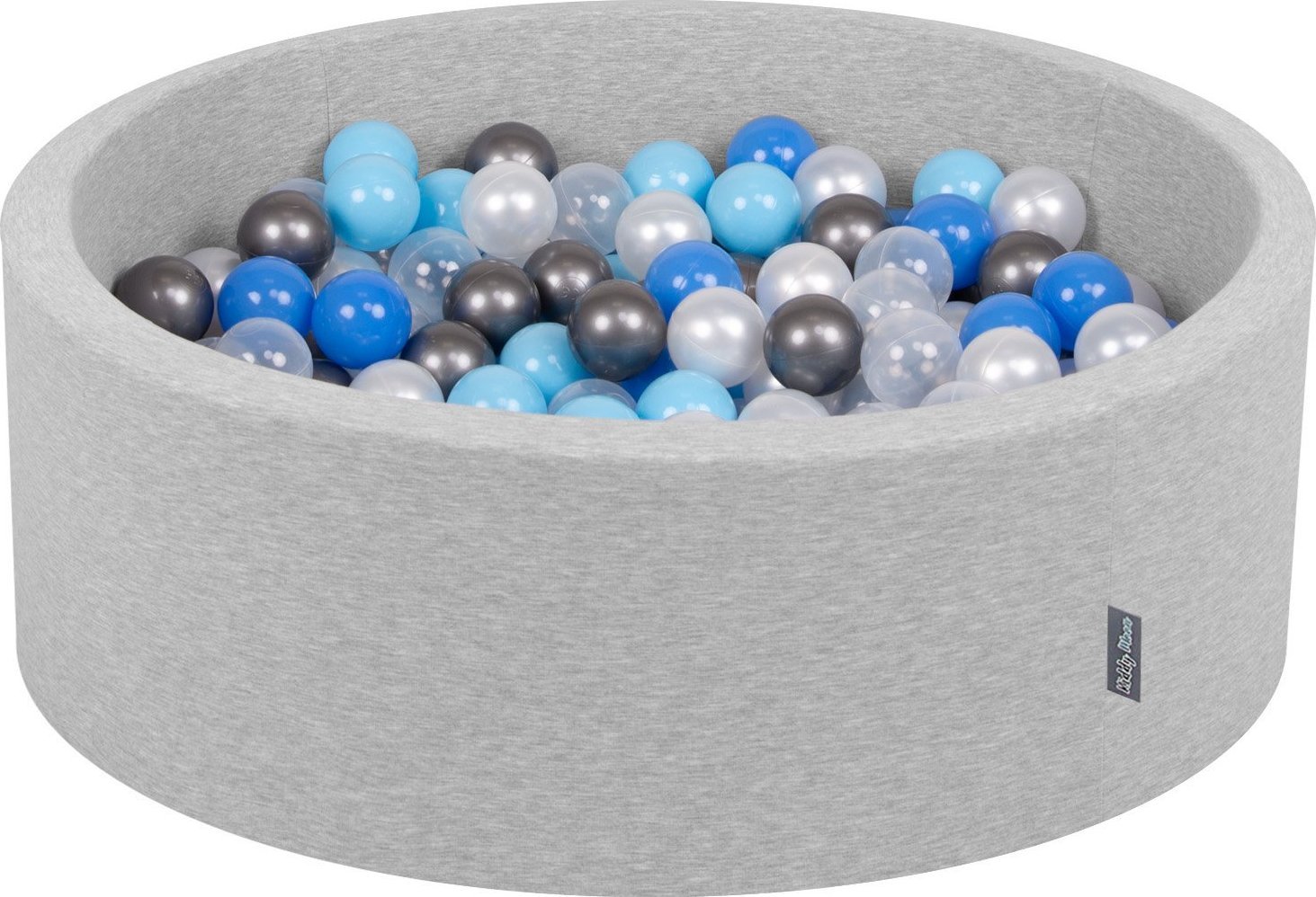 KiddyMoon KiddyMoon Suchy basen okrągły z piłeczkami 7cm jasnoszary: perła-niebieski-babyblue-transparent-srebrny 90x30cm/200piłek Zabawka basen piank