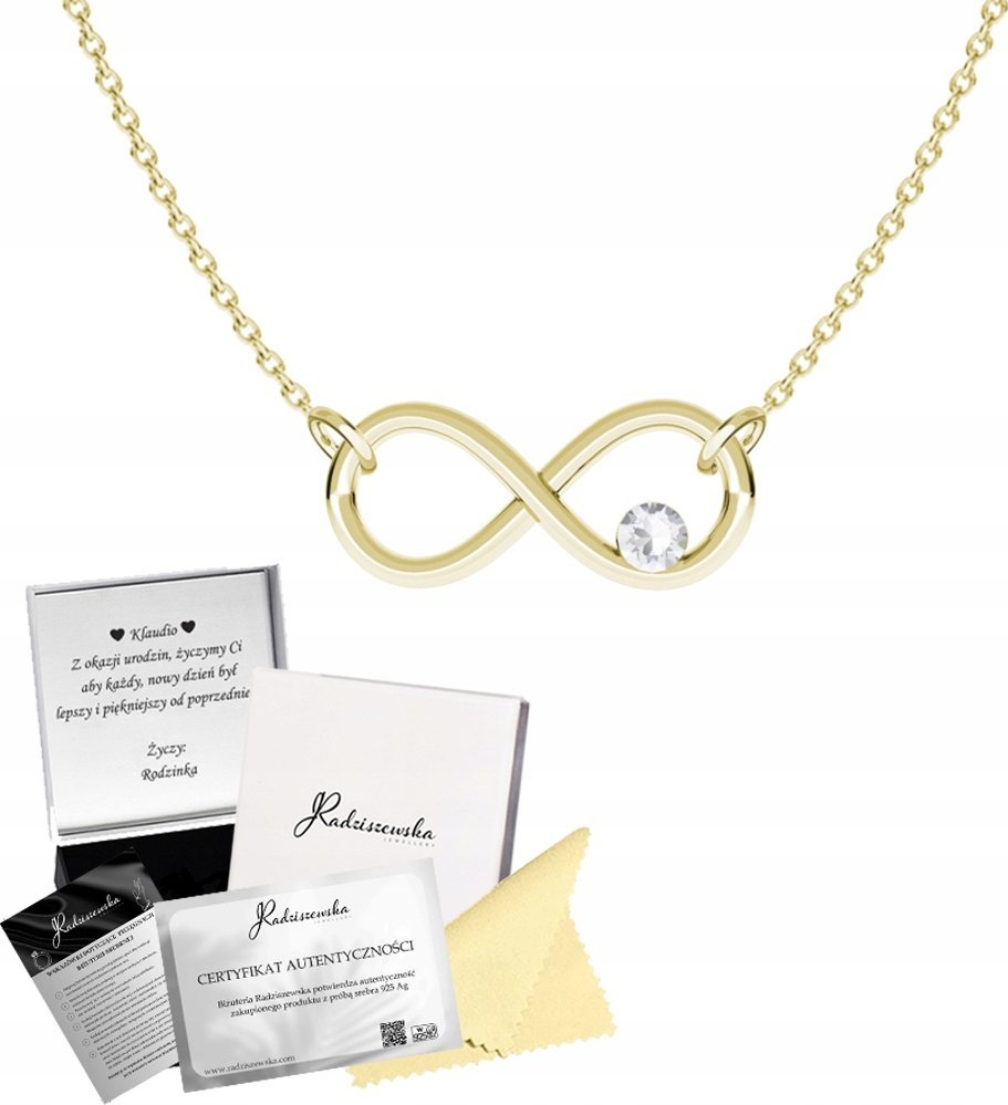 Radziszewska Jewellery Złoty Naszyjnik z Nieskończonością 925 Łańcuszek Prezent ŻYCZENIA GRATIS