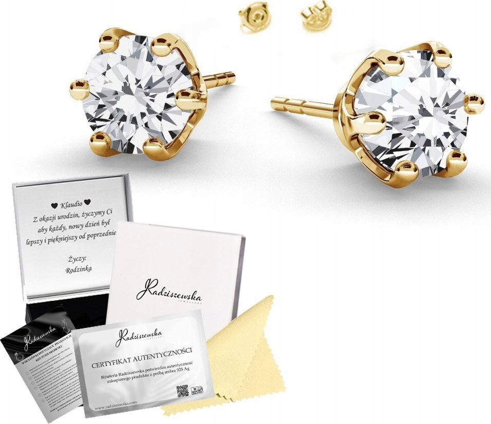 Radziszewska Jewellery Kolczyki Złote z Cyrkoniami Cyrkonia Prezent SREBRO 925 DEDYKACJA GRATIS