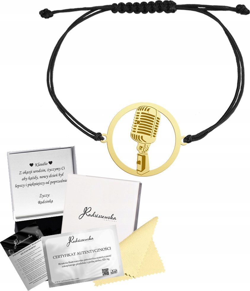 Radziszewska Jewellery Bransoletka Złota MIKROFON Srebro 925 Grawer Sznurek Biżuteria Prezent