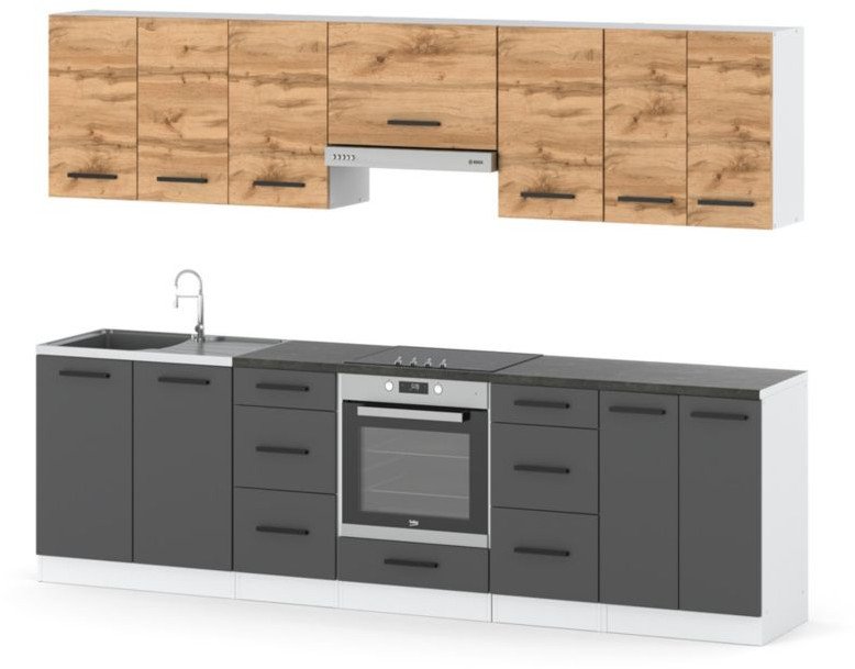 Meble Kuchenne Nowoczesne Kuchnia Roma 2.8m Zestaw Loft Dąb Wotan Szary