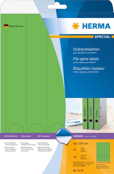 Herma Etykiety kolorowe Special 5134, na segregatory, A4, zielone , 38 x 297 mm, papier matowy nieprzejrzysty, 100 szt., zaokrąglone narożniki (5134)