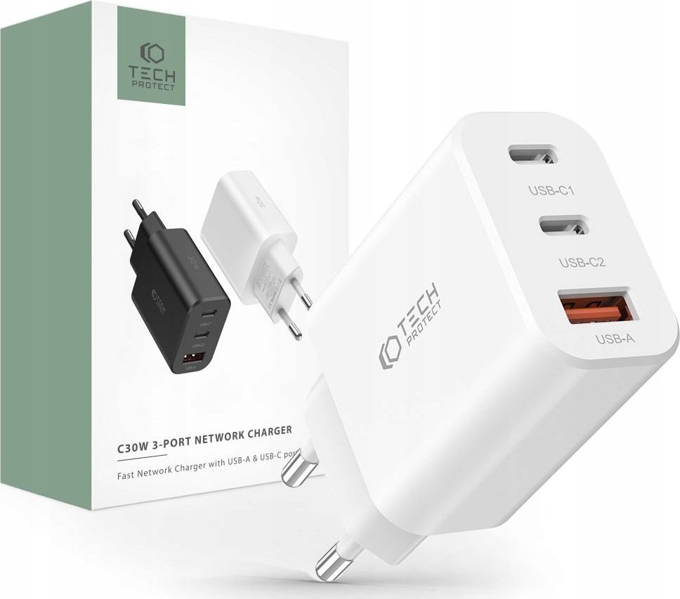 Ładowarka Tech-Protect TECH-PROTECT NC30W 3-PORT NETWORK CHARGER PD30W/QC3.0 WHITE