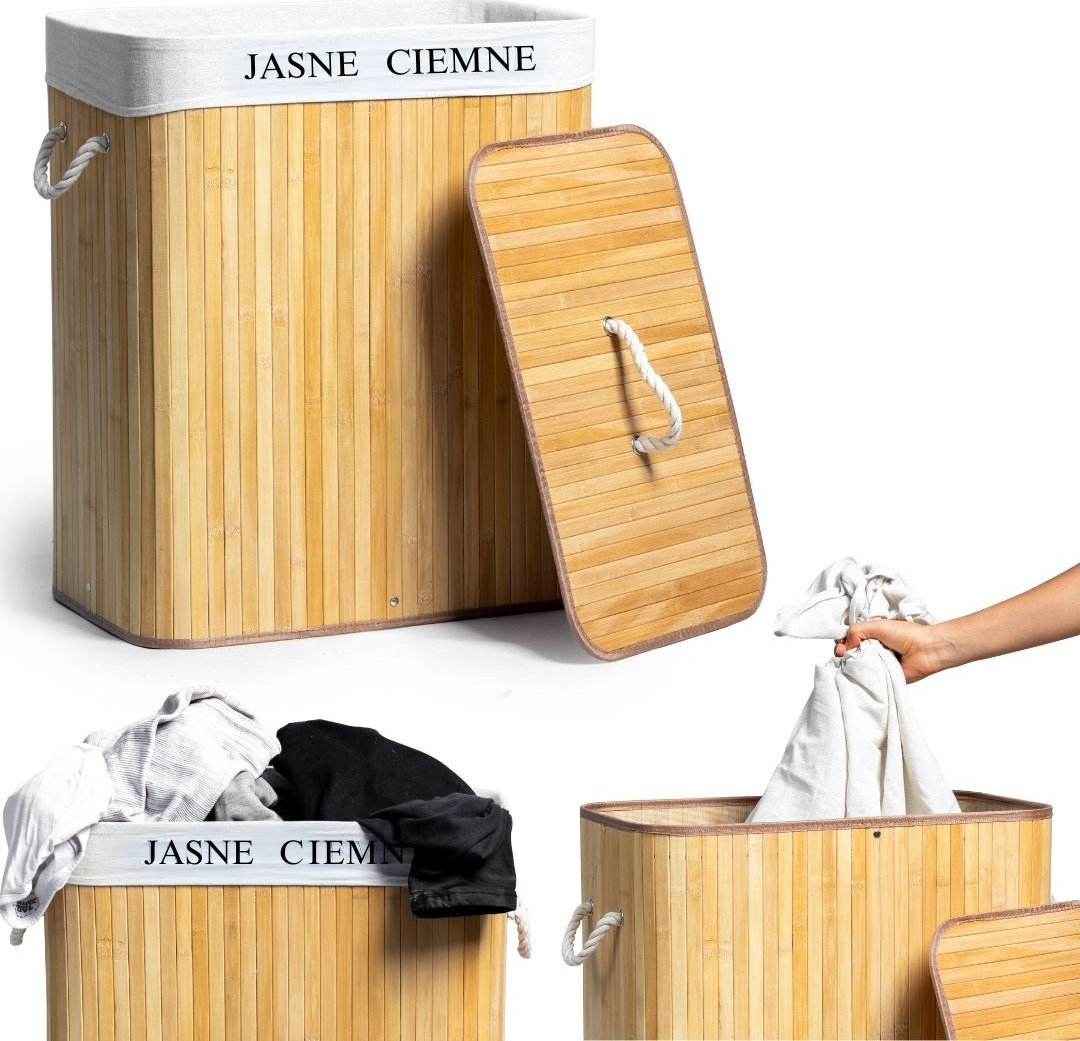 Bambusowy kosz pojemnik brudownik na pranie bieliznę 2 komory 100l