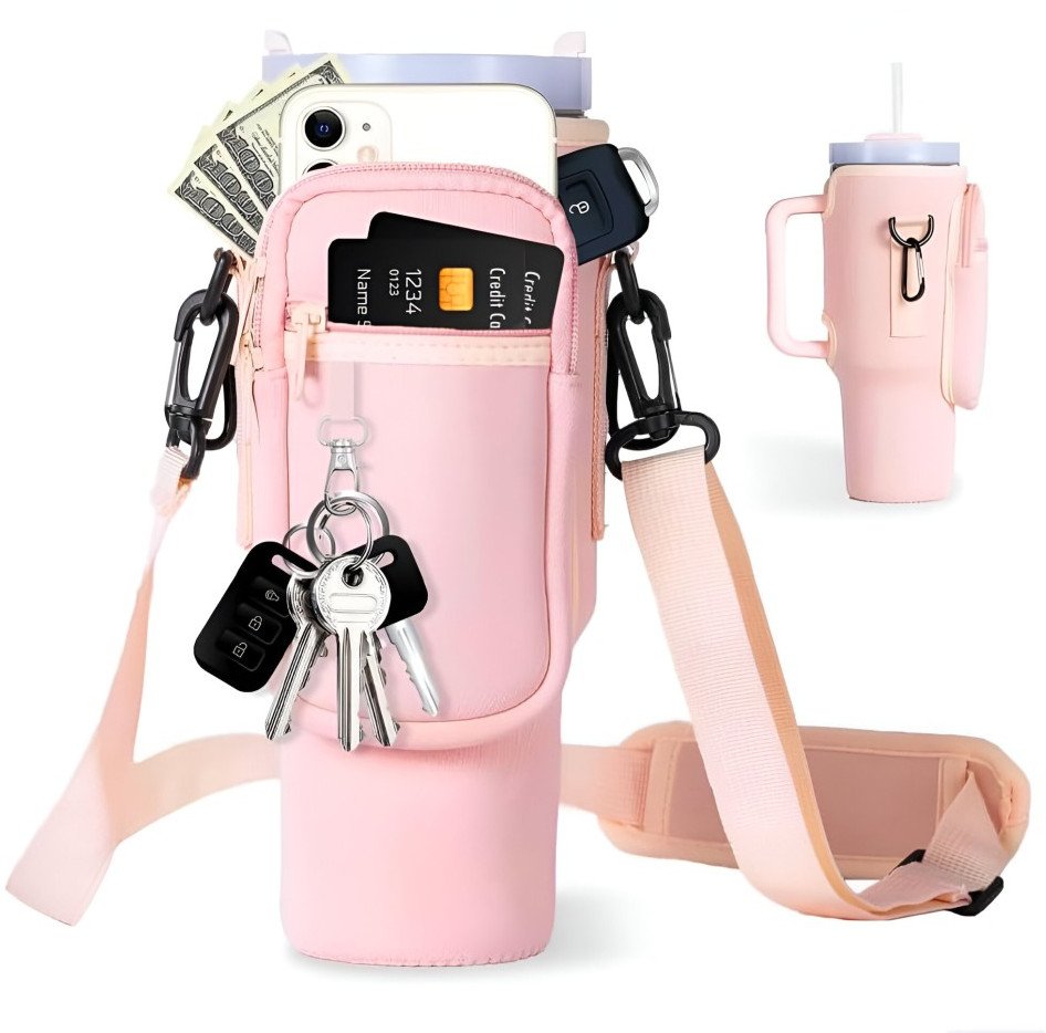 Torba na kubek termiczny neoprenowa Supero z paskiem, różowa