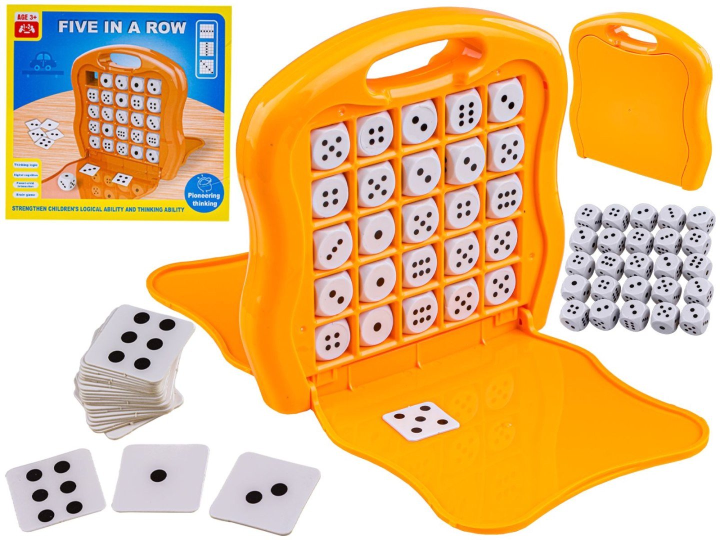 GRA LOGICZNA PLANSZOWA W WALIZCE 5 KOSTEK W RZĘDZIE 5 IN A ROW KOŚCI KARTY