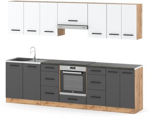 Kuchnia Duża Modułowa Z Blatem Pojemna Roma 2.8m Wotan Dąb Wotan Szary Mat
