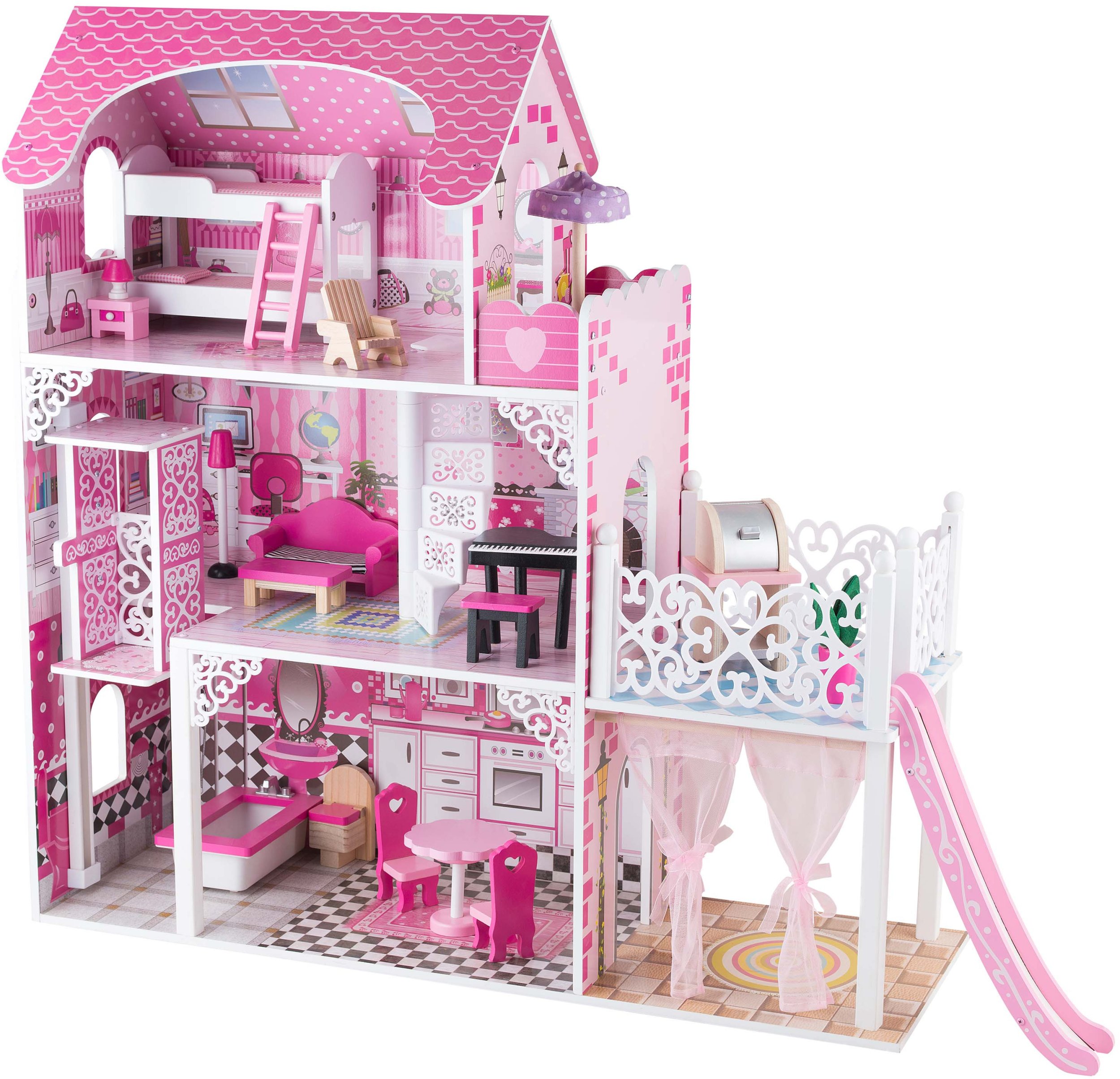 Drewniany domek dla lalek Celeste ze zjeżdżalnią, patio i akcesoriami