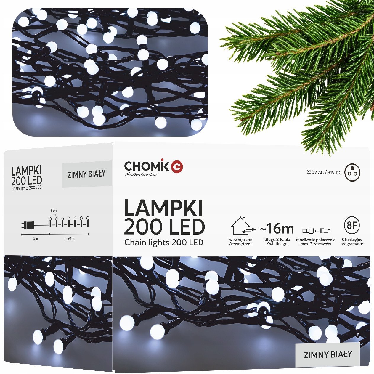 Extralink | Lampki LED | kulki 200L zimny biały, dł. 3 + 16 m