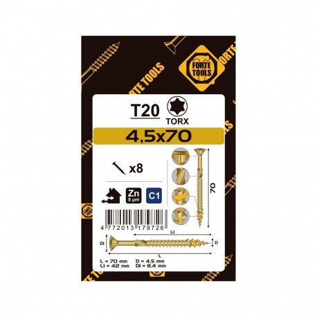 CHIPBOARD SCR T20 4.5X70/42 YELL ZN8PCS