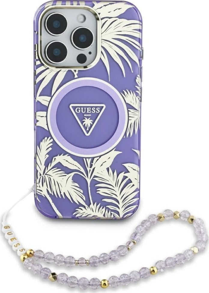 Etui Guess Palm Trees Triangle Pearl Strap MagSafe do iPhone 16 fioletowy