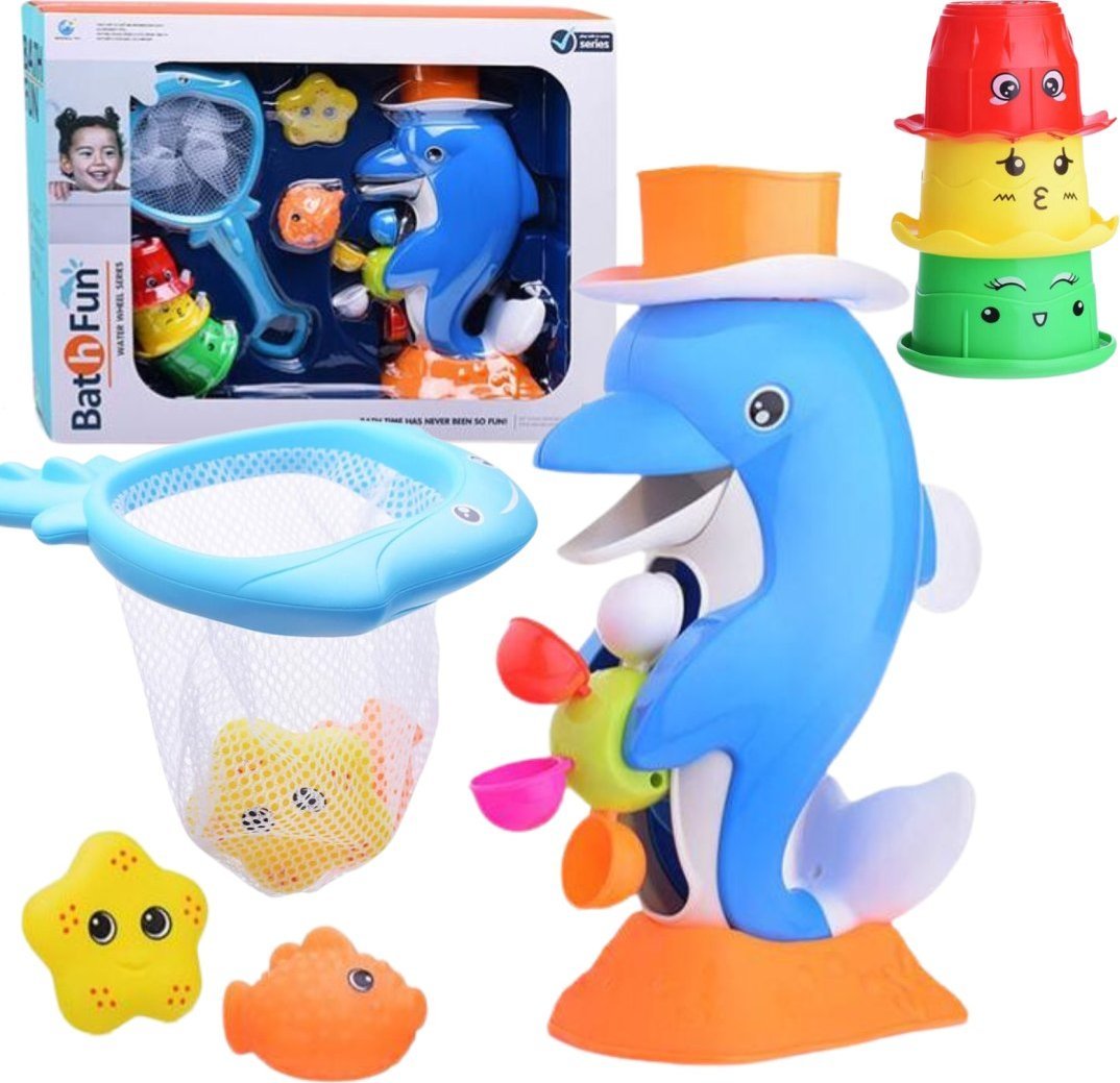 ZESTAW DELFINEK Z KOŁOWROTKIEM DO KĄPIELI SIATKA DO ŁOWIENIA KUBECZKI
