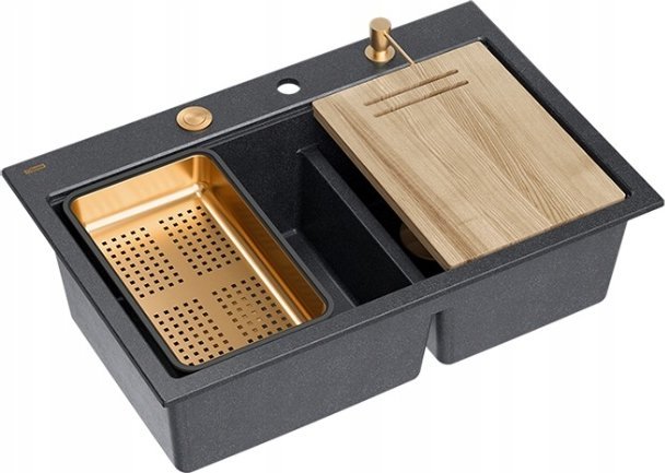 Zlewozmywak GraniteQ MARC 120 WORKSTATION GraniteQ zlewozmywak 2-komorowy 760*500*235 mm black diamond + syfon push to open + dozownik + deska + wkład