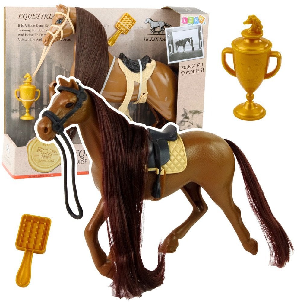 Koń Z Długą Grzywą Siodło Puchar Szczotka Akcesoria Brązowy LEAN Toys