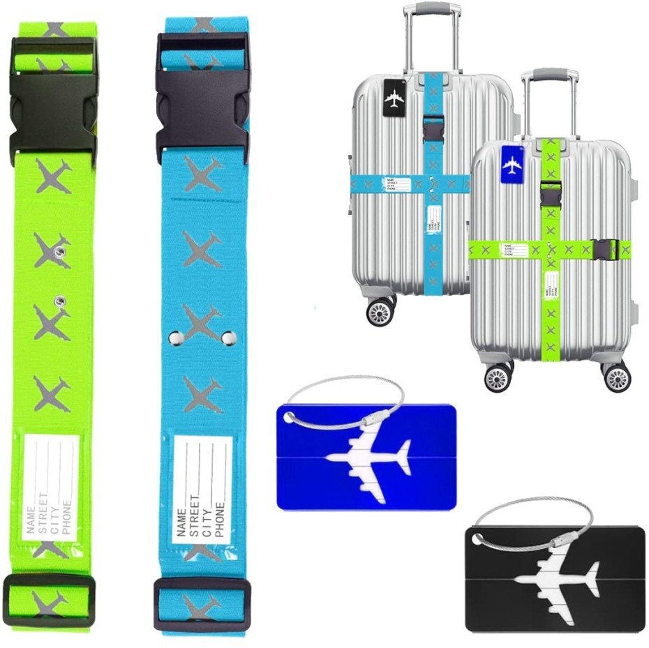 Pas do walizek zabezpieczający podwójny, z etykietami, niebiesko-zielony, 2 sztuki